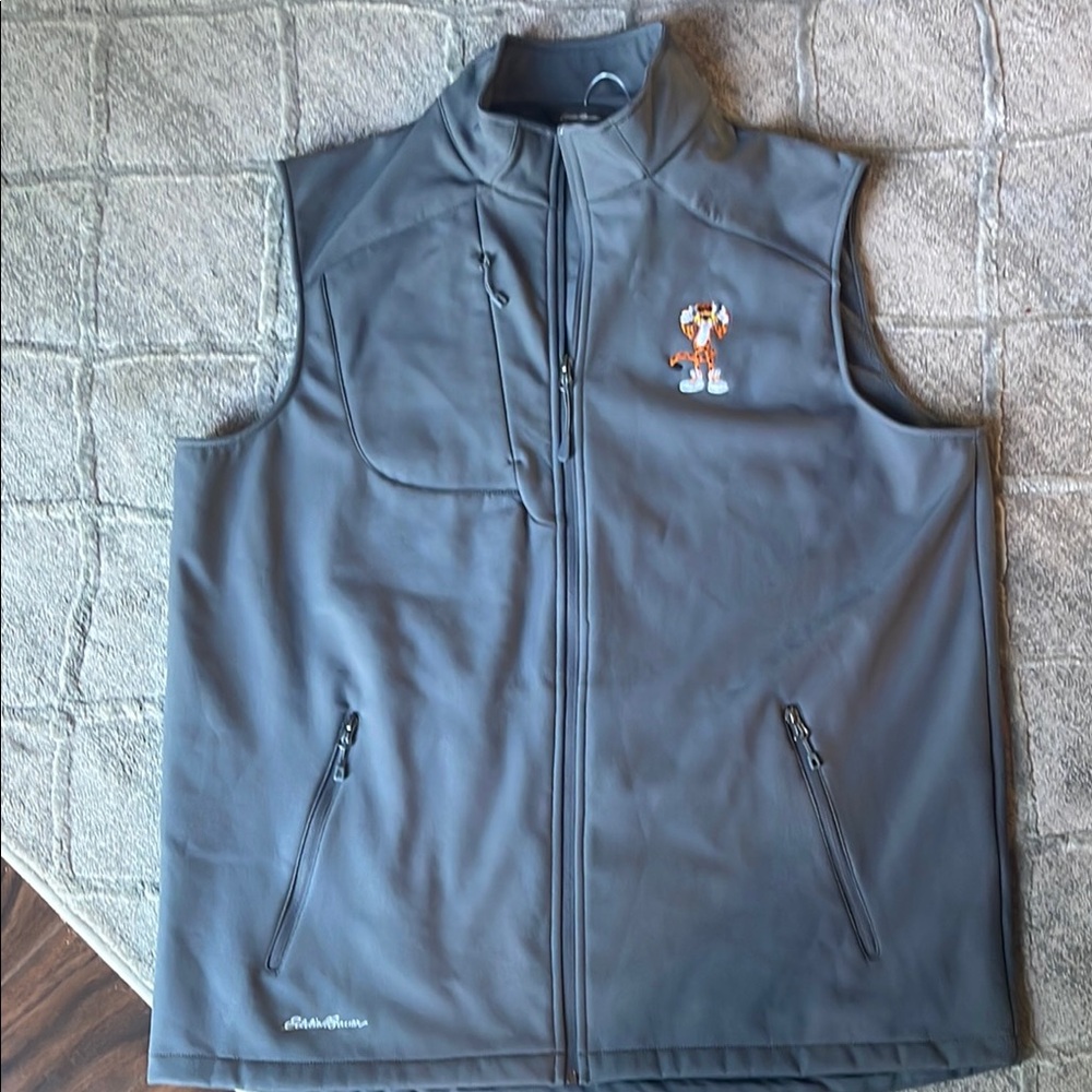 Eddie Bauer Gray Soft Shell Vest High Collar + Chester Cheetah